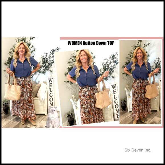 Polyester Spandex Button Down Shirt Short Sleeve V-Neck Tunic Top - Picture 7 of 7